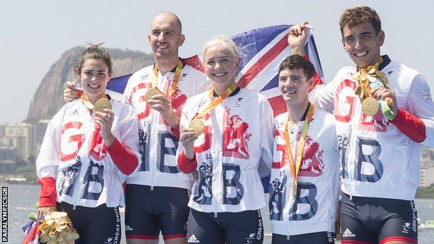 Grace Clough (left) with the rest of the mixed coxed four who won gold in Rio