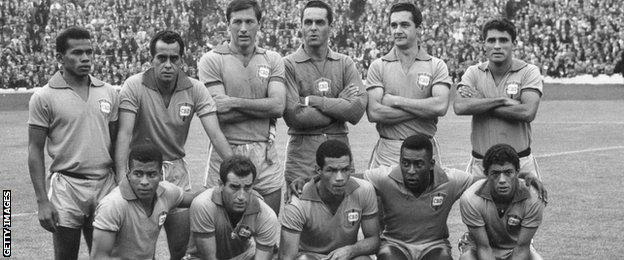 Pele (front row, second from right) with his Brazil team-mates at Hampden in 1966