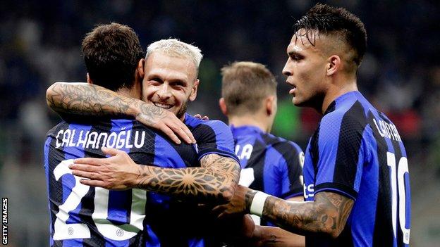 Inter celebrate scoring against Barcelona