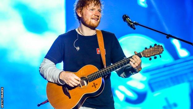 Ed Sheeran performs on stage, 2019.