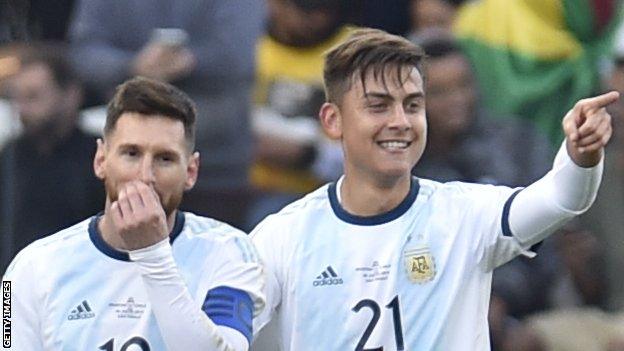 Paulo Dybala pictured with Lionel Messi on Argentina duty