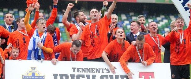 Glenavon celebrate their Irish Cup success over Linfield