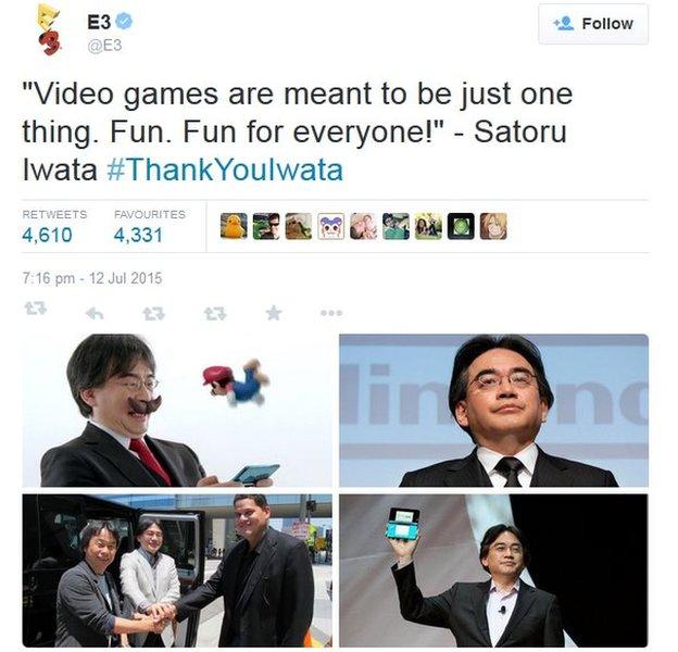 Screenshot of tweet on Satoru Iwata on 13 July 2015