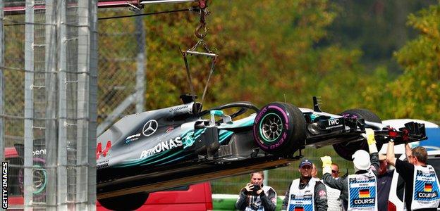 Lewis Hamilton's Mercedes is lifted off the track during qualifying for the German Grand Prix