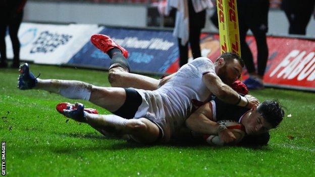 Gloucester wing Louis Rees-Zammit scores his first try for Wales