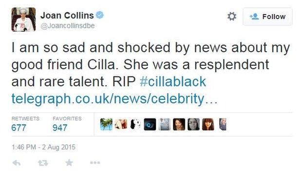 Joan Collins Twitter tribute to Cilla Black