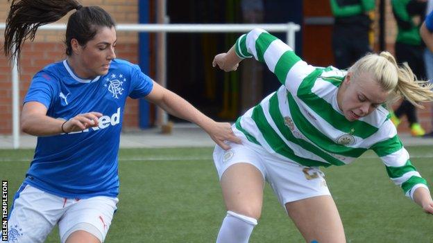 Rangers' Hayley Sinclair and Celtic's Heather Richards battle for the ball