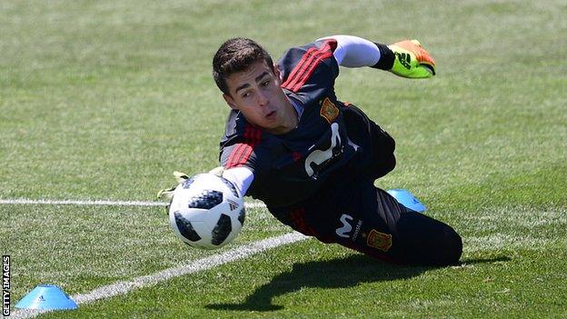 Athletic Bilbao goalkeeper Kepa Arrizabalaga makes a save in training with Spain