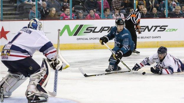 Belfast Giants' Tyler Soy attempts to get in a shot at the SSE Arena in Friday's game