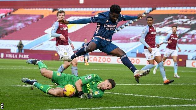 Aston Villa keeper Emiliano Martinez in action against Arsenal's Bukayo Saka