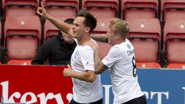 Lawrence Shankland celebrates scoring against Partick Thistle