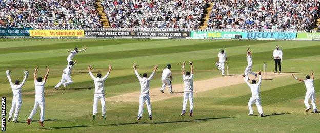 England's Chris Woakes appeals for a wicket