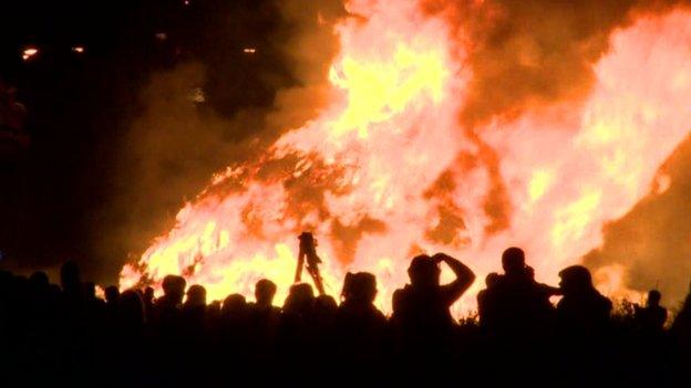 Hundreds of people gathered to watch the bonfire in east Belfast