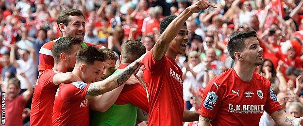 Barnsley celebrate Adam Hammill's goal against Millwall at Wembley