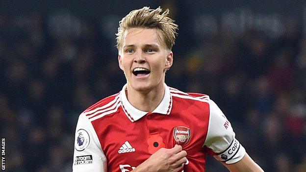 Arsenal's Martin Odegaard celebrates a goal against Wolves at Molineux ion the Premier League