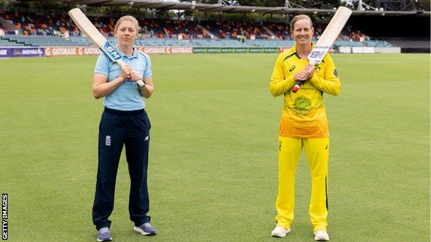 England captain Heather Knight (left) and Australia skipper Meg Lanning (right) pose during press-match media before the first ODI