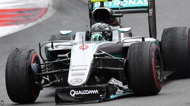 Nico Rosberg's damaged car after colliding with Lewis Hamilton at the Austrian Grand Prix