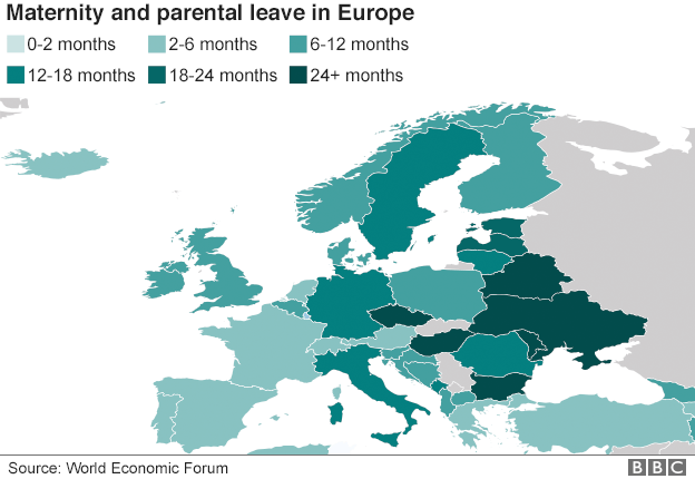 Map showing variation in parental and maternity leave across Europe