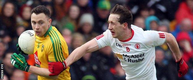 Donegal's Martin McElhinney battles with Tyrone's Colm Cavanagh in last year's championship meeting