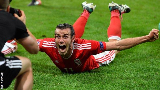 Gareth Bale celebrates Wales beating Belgium