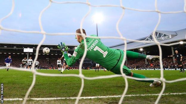 Daniel Iversen saves Mitrovic's penalty