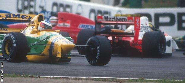 Michael Schumacher collides with Aytron Senna at the 1992 French Grand Prix