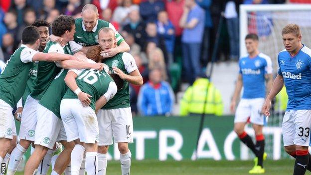 The Hibs players celebrate Jason Cummings' strike that put them 1-0 up against Rangers