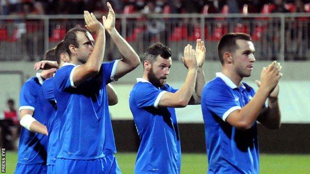 Linfield players applaud their fans after Thursday's game in Slovakia