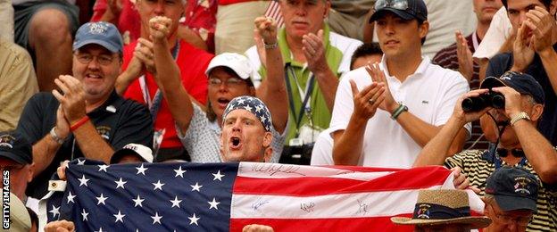 USA fans cheer on the first tee during the morning foursome matches on day two of the 2008 Ryder Cup at Valhalla Golf Club on September 20, 2008 in Louisville, Kentucky