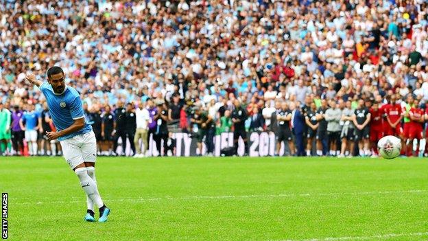 Ilkay Gundogan scores a penalty against Liverpool in the Community Shield