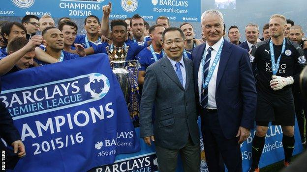 Leicester City and chairman Chairman Vichai Srivaddhanaprabha celebrate