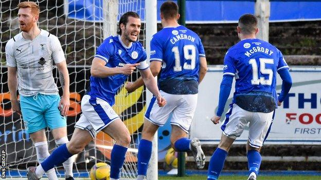 Josh Todd celebrates after firing Queens into an early lead at Palmerston Park