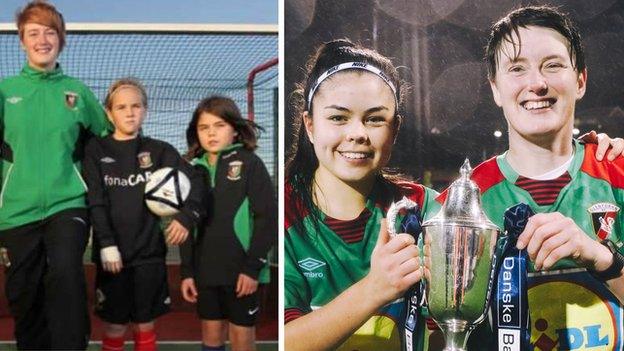 Joely Andrews (far right i first picture) with Kelly Bailie (left) at the launch of Glentoran's girls academy and after winning the Women's Premiership title as team-mates