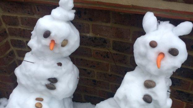 Two snowmen with carrot noses.