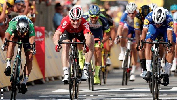 Gaviria (right) timed his sprint expertly but still had to re-take the lead just metres from the line