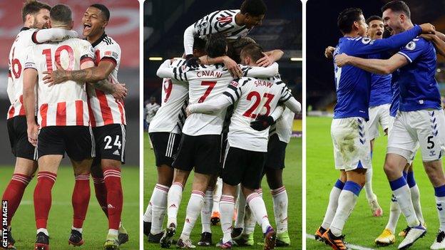 Sheffield United (left), Manchester United (centre) and Everton (right) players celebrate after scoring