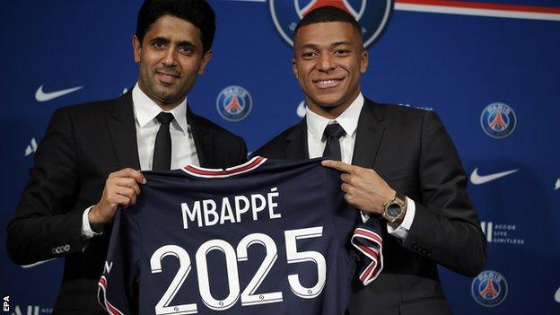 Paris St-Germain president Nasser Al-Khelaifi and striker Kylian Mbappe