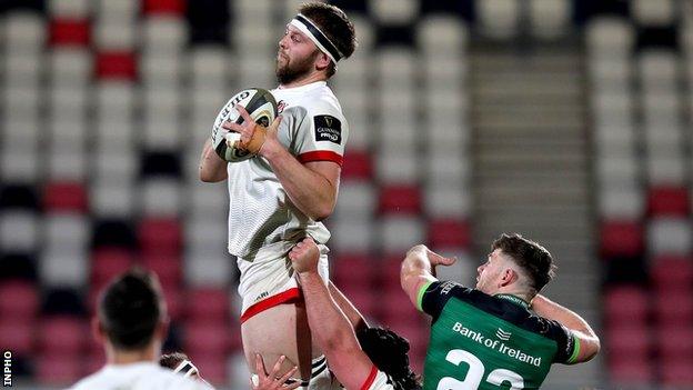 Iain Henderson soars to win a lineout in Ulster's Rainbow Cup game against Connacht on Friday