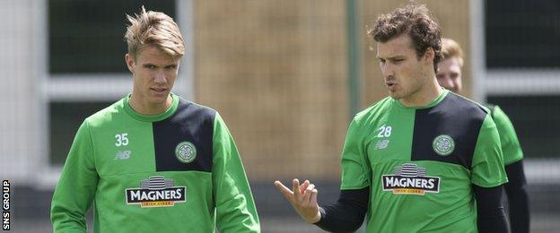 Kristoffer Ajer (left) and Erik Sviatchenko at training