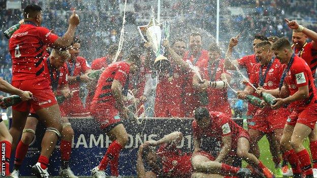 Saracens celebrate their Champions Cup win over Leinster