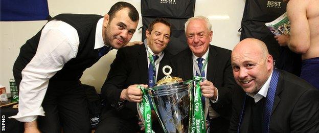 Michael Cheika (left) with his Leinster assistants Jonno Gibbes, Alan Gaffney and Kurt McQuilkin after the Irish province's first Heineken Cup triumph in 2009