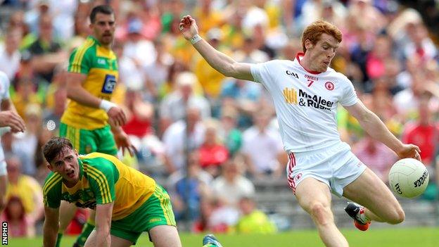 Peter Harte gets in a shot for Tyrone in last year's Ulster semi-final