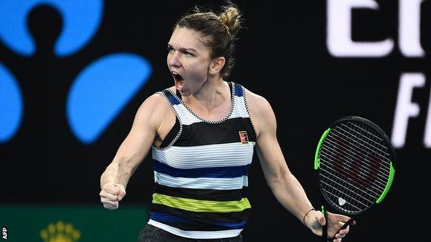 Simona Halep celebrates winning a point