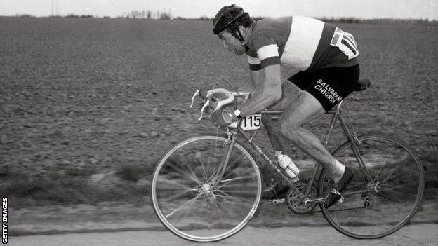 Former Italian cyclist Felice Gimondi riding in the 1969 Paris-Roubaix