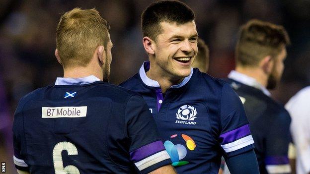 Scotland wing Blair Kinghorn celebrates the win over England