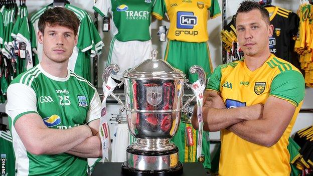 Fermanagh's Tomas Corrigan and Donegal's Paul Brennan