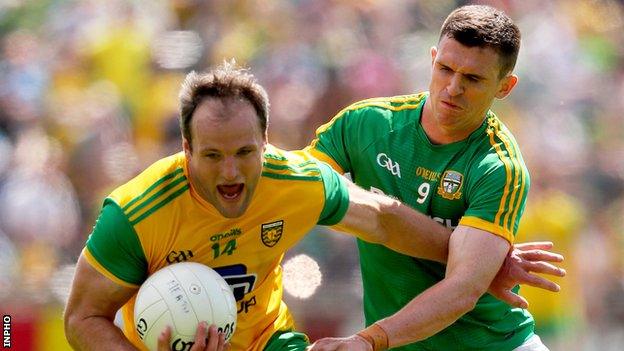 Meath's Shane McEntee challenges Donegal skipper Michael Murphy in last July's Super 8s contest
