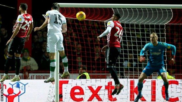 Timm Klose heads Norwich level at Brentford