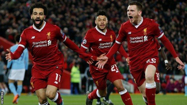 Mohamed Salah celebrates scoring for Liverpool against Manchester City in the Champions League quarter-final second leg at Etihad Stadium