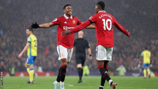 Manchester United players celebrate scoring against Nottingham Forest